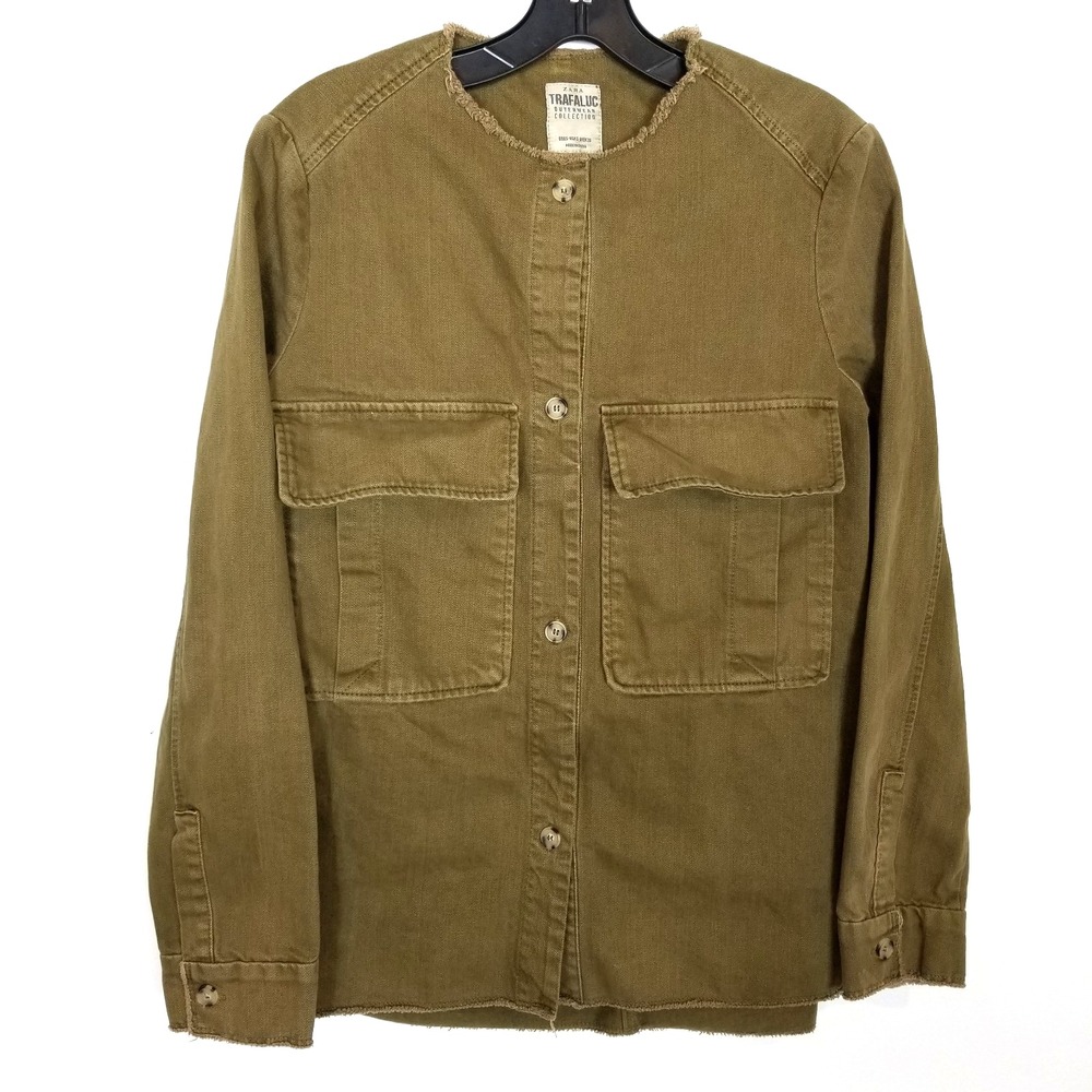 Zara Trafaluc‎ Women Shirt Jacket Sz S Olive Button Up Pockets Military Utility